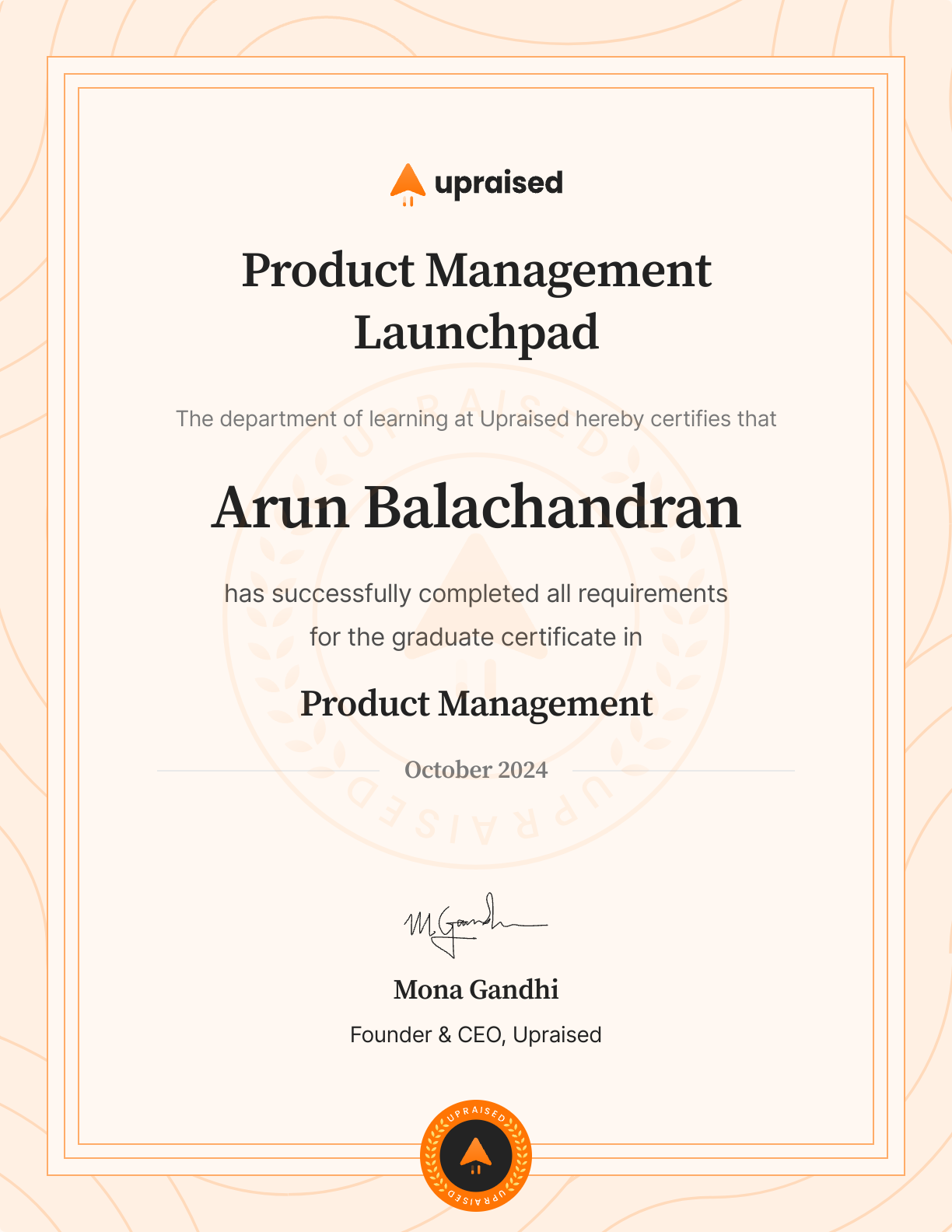 Certificate of Completion of course: Upraised Product Management Launchpad - VIP
