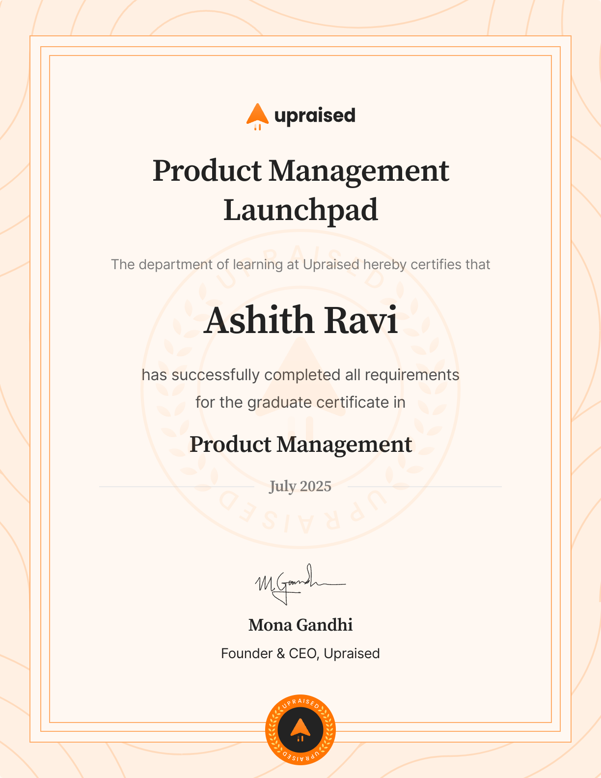 Certificate of Completion of course: Upraised Product Management Launchpad - Core