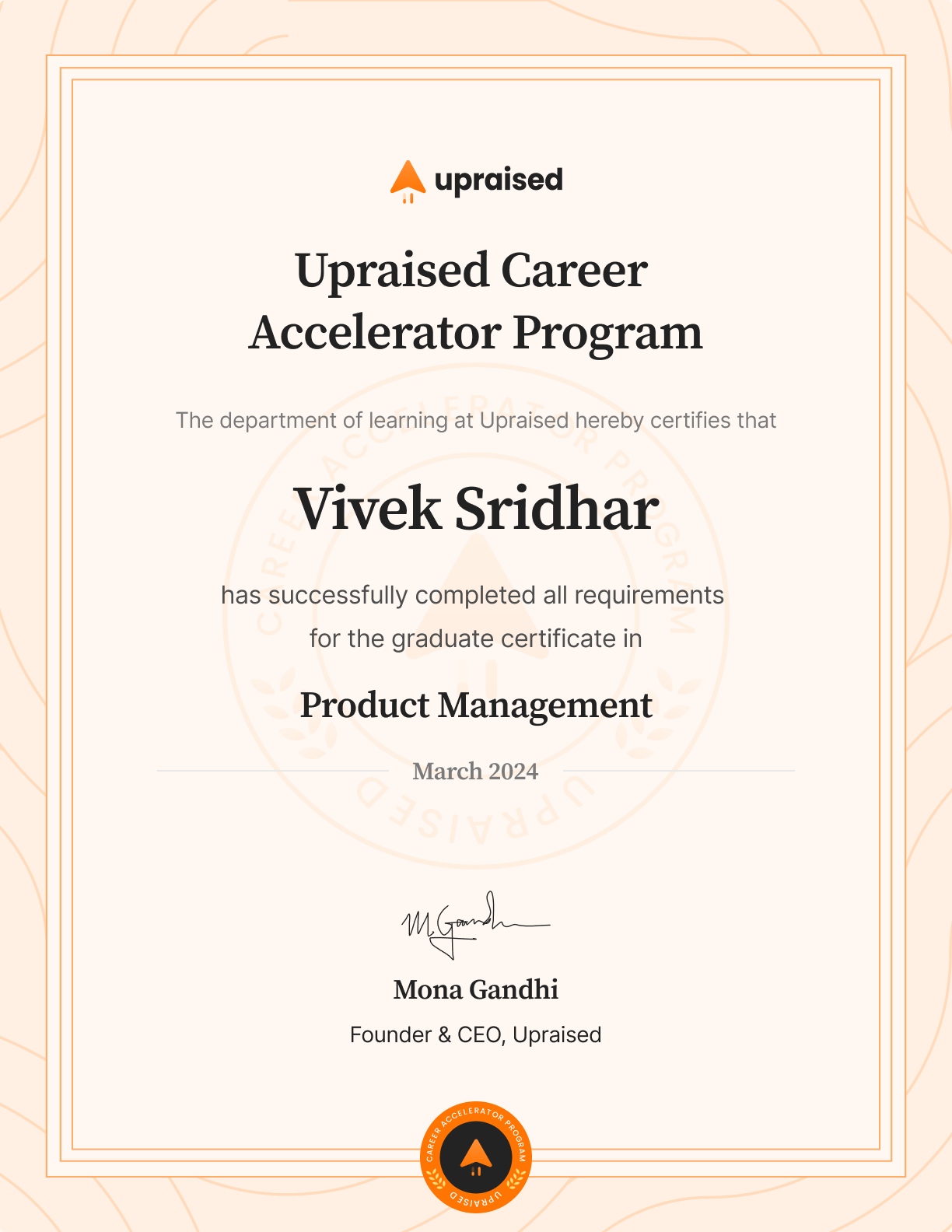 Certificate of Completion of course: Upraised Career Accelerator Program - Comprehensive Learning