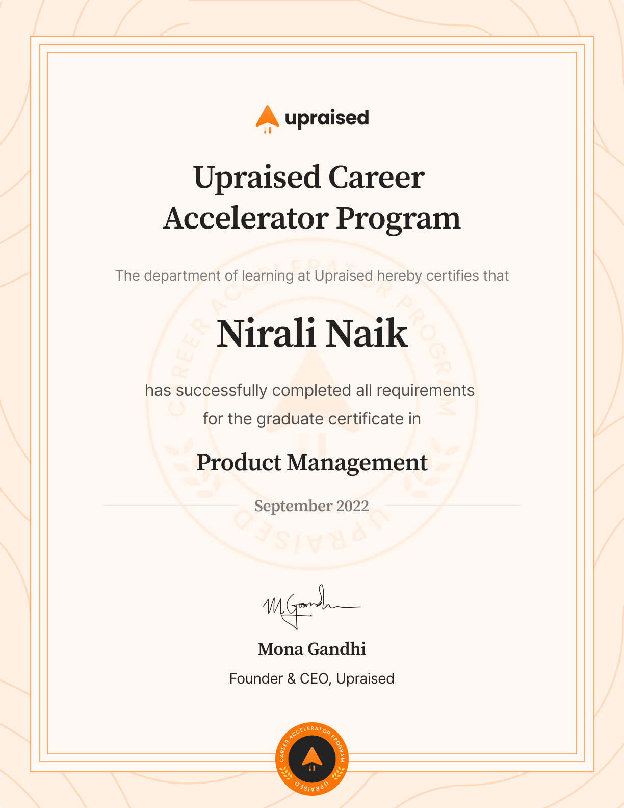 Certificate of Completion of course: Upraised Career Accelerator Program
