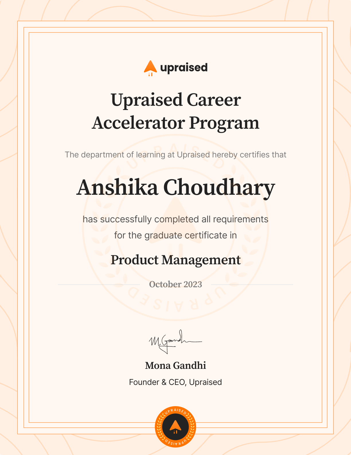 Certificate of Completion of course: Upraised Career Accelerator Program - Comprehensive Learning