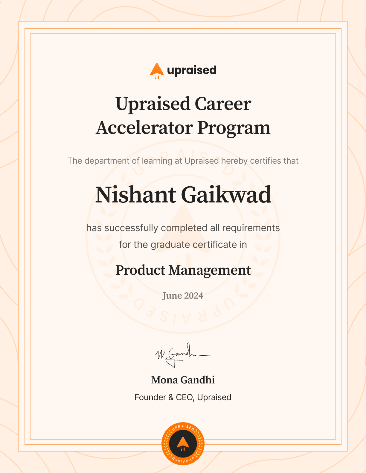 Certificate of Completion of course: Upraised Career Accelerator Program - Comprehensive Learning