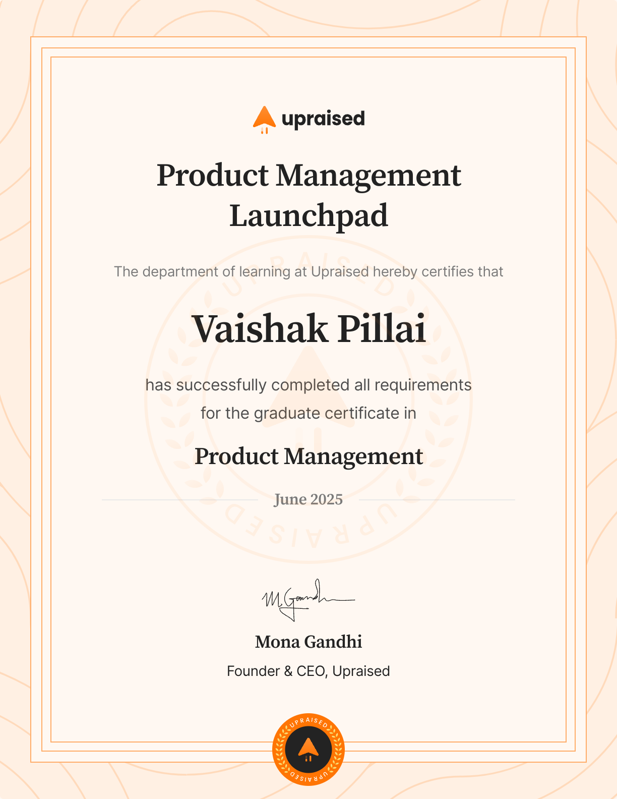 Certificate of Completion of course: Upraised Product Management Launchpad - Core