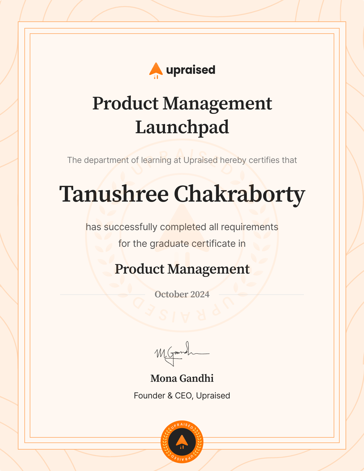 Certificate of Completion of course: Upraised Product Management Launchpad - Core