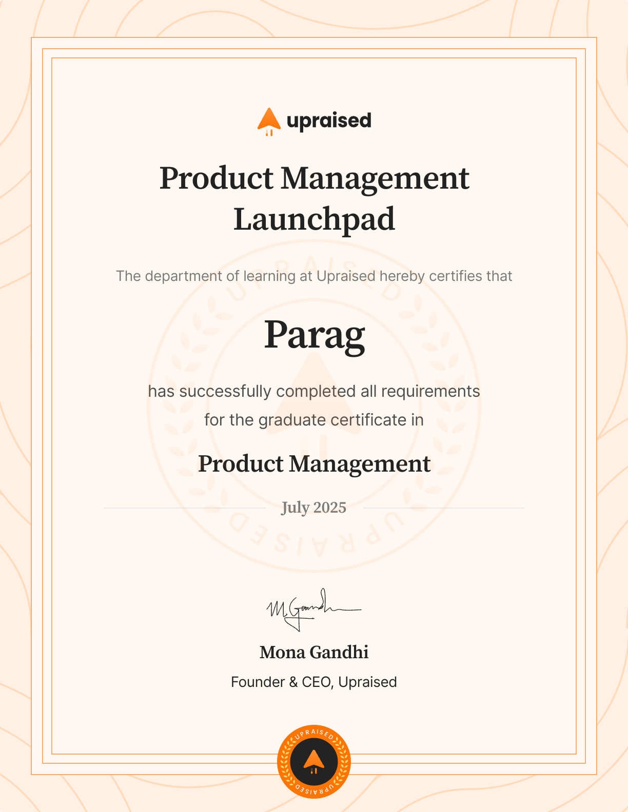 Certificate of Completion of course: Upraised Product Management Launchpad - Core