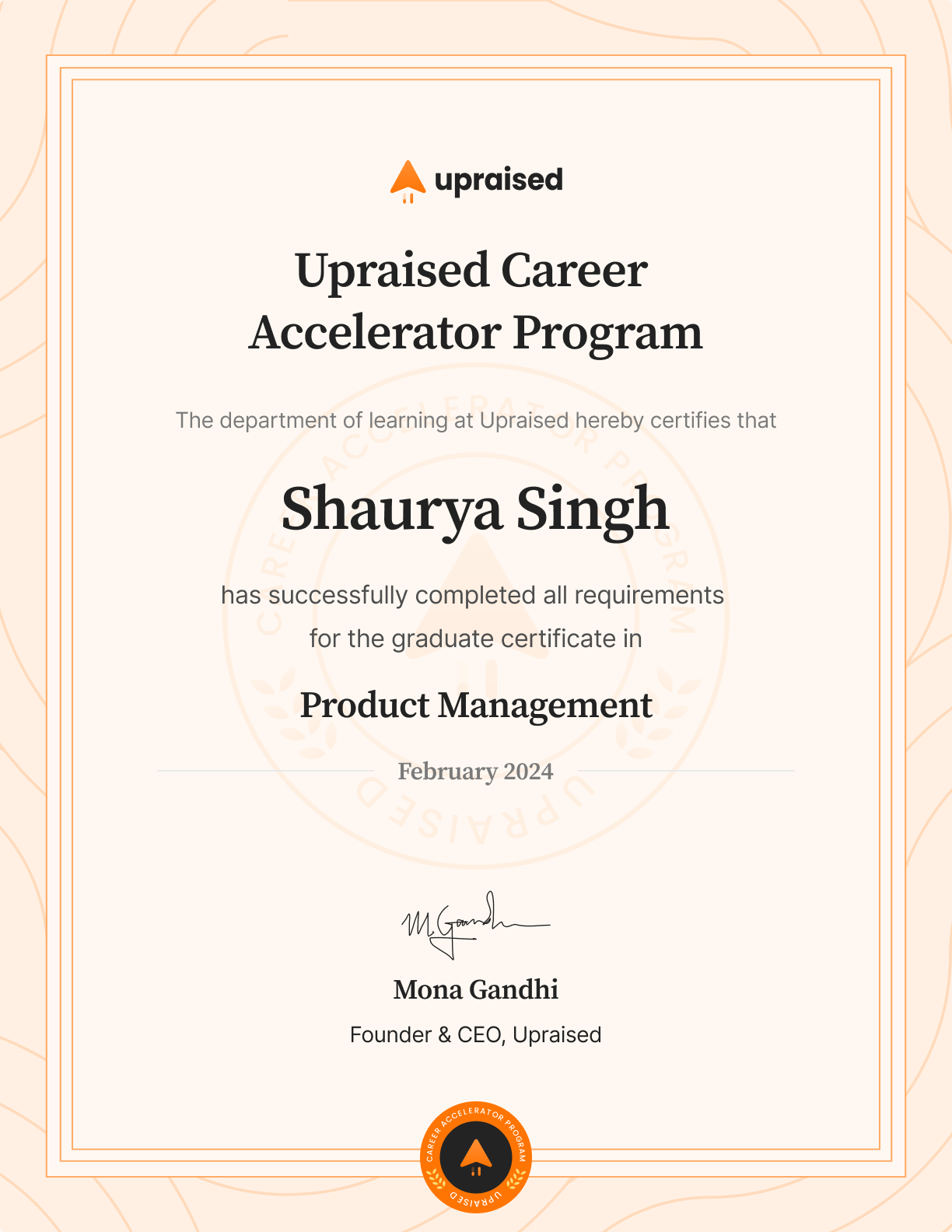 Certificate of Completion of course: Upraised Career Accelerator Program - Comprehensive Learning