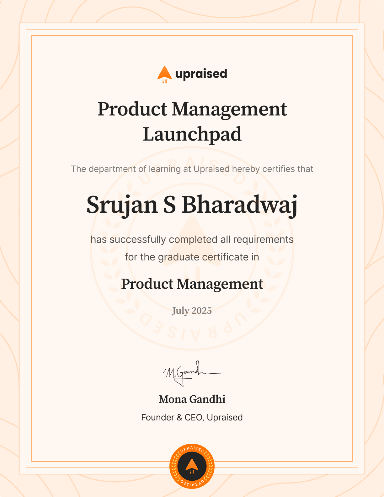 Certificate of Completion of course: Upraised Product Management Launchpad - Core