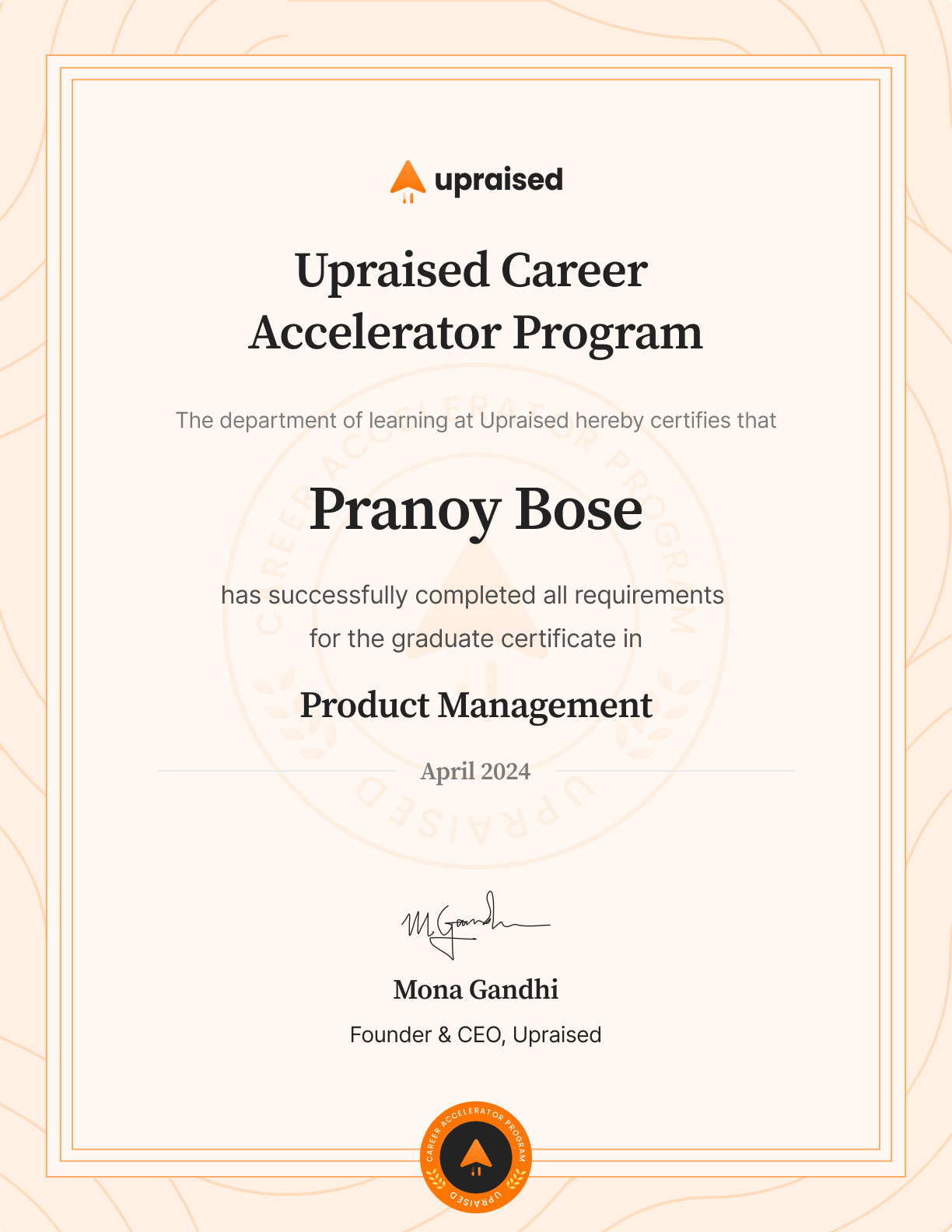 Certificate of Completion of course: Upraised Career Accelerator Program - Comprehensive Learning
