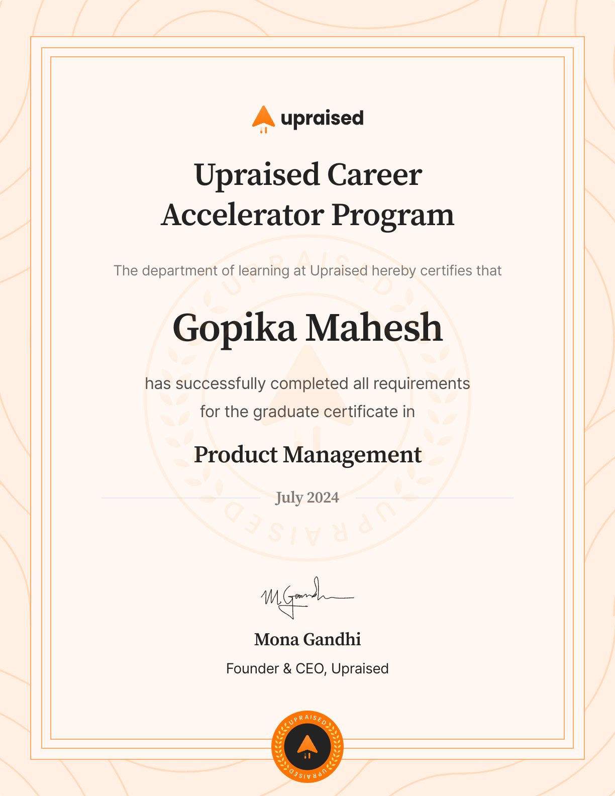 Certificate of Completion of course: Upraised Career Accelerator Program - Comprehensive Learning