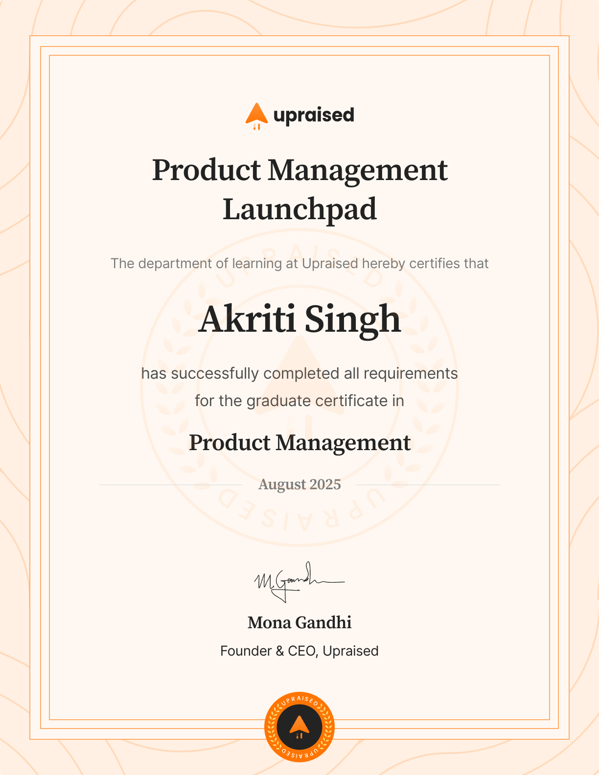 Certificate of Completion of course: Upraised Product Management Launchpad - Core
