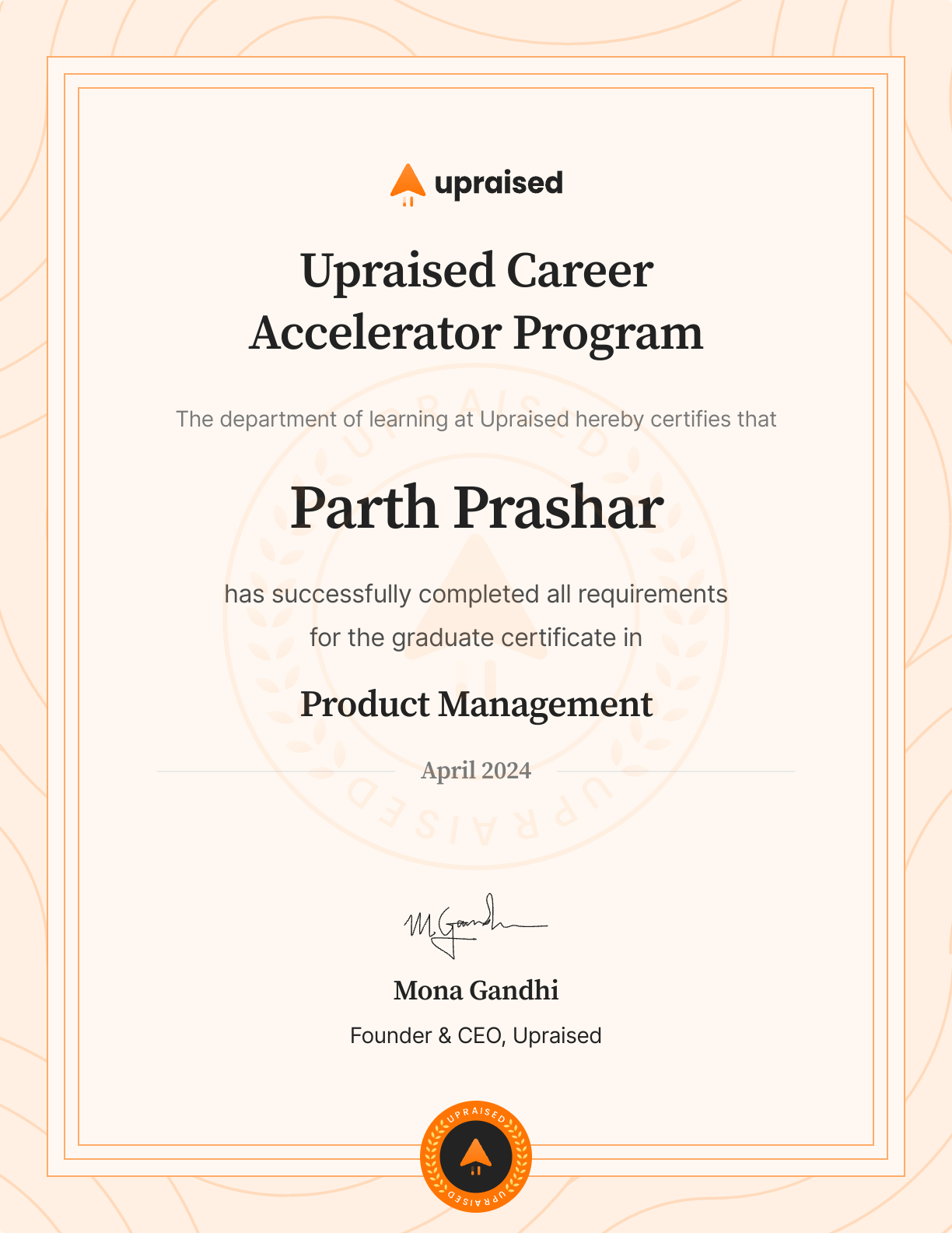 Certificate of Completion of course: Upraised Career Accelerator Program