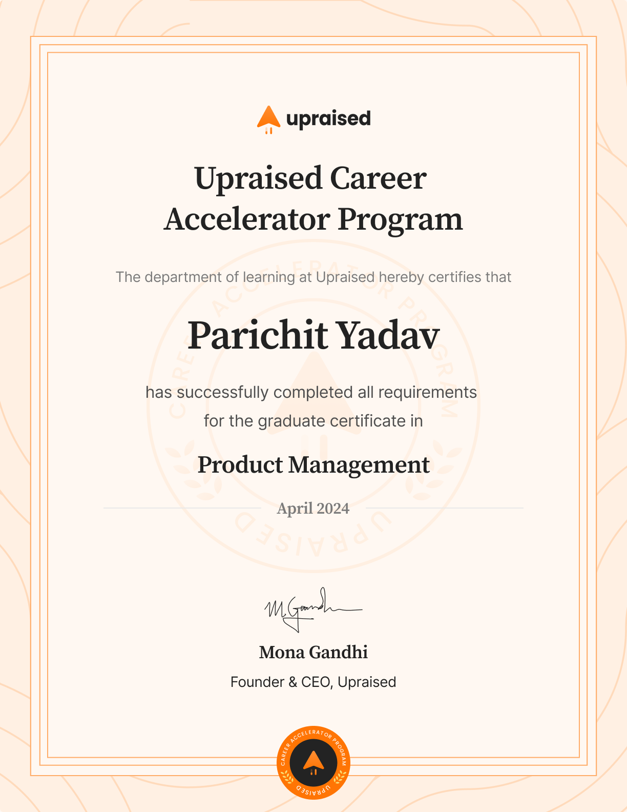 Certificate of Completion of course: Upraised Career Accelerator Program - Comprehensive Learning