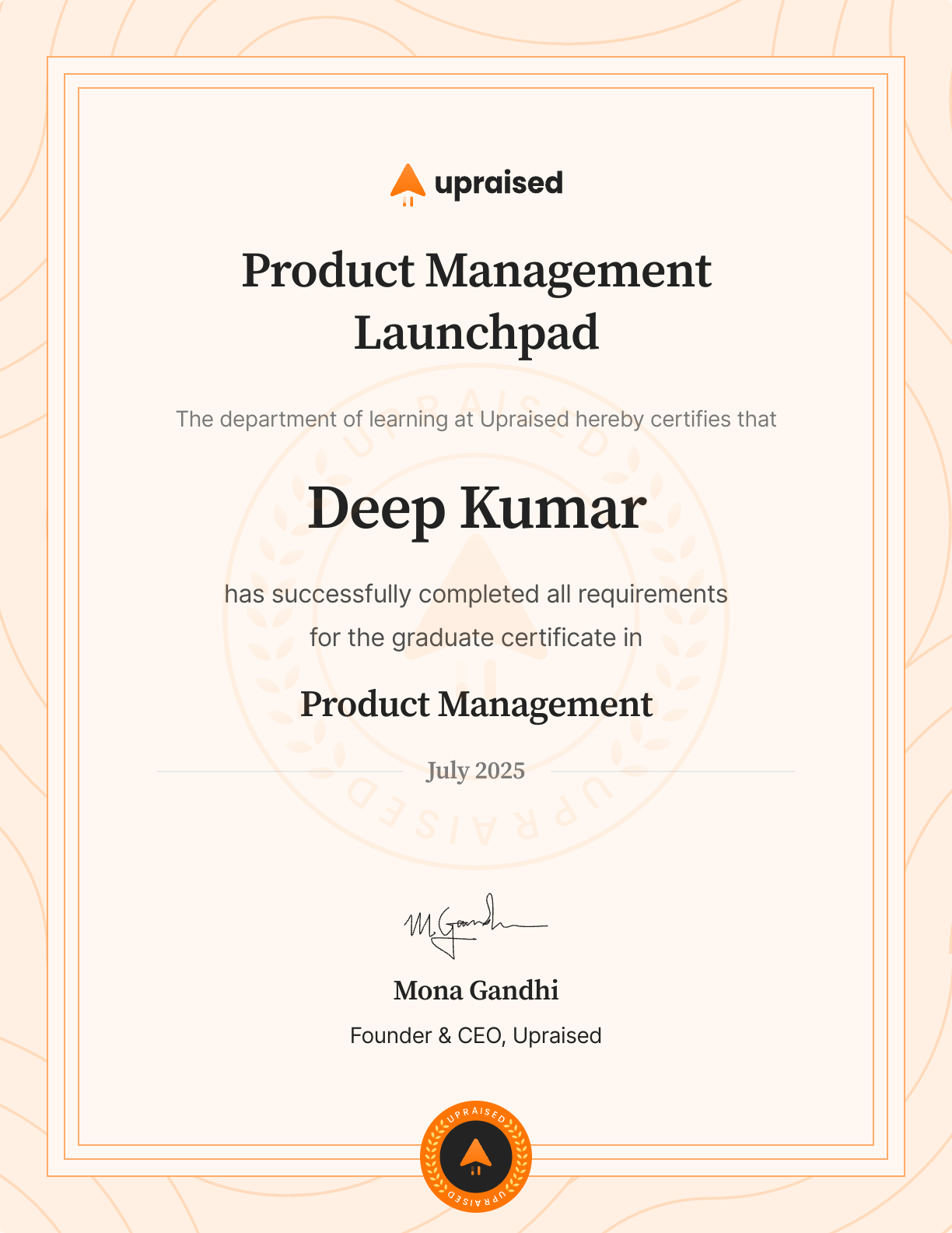 Certificate of Completion of course: Upraised Product Management Launchpad - Core
