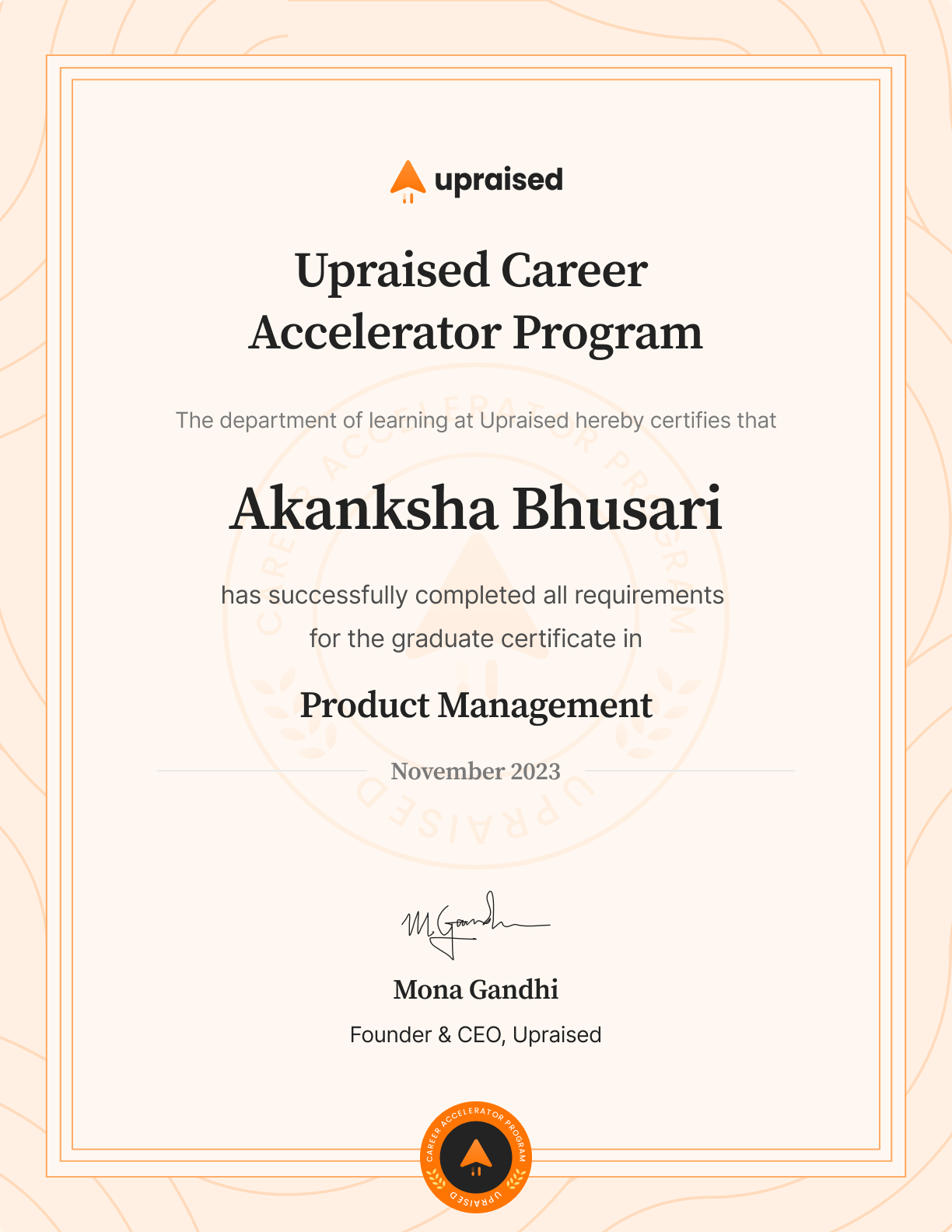 Certificate of Completion of course: Upraised Career Accelerator Program - Comprehensive Learning