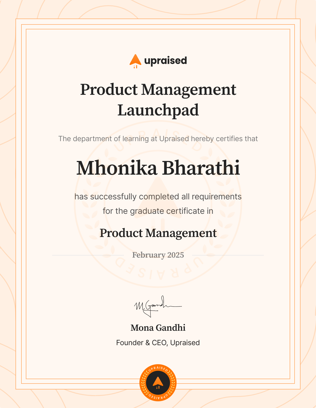 Certificate of Completion of course: Upraised Product Management Launchpad - Core