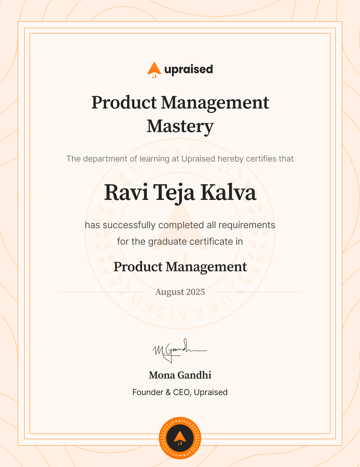 Certificate of Completion of course: Upraised Product Management Mastery