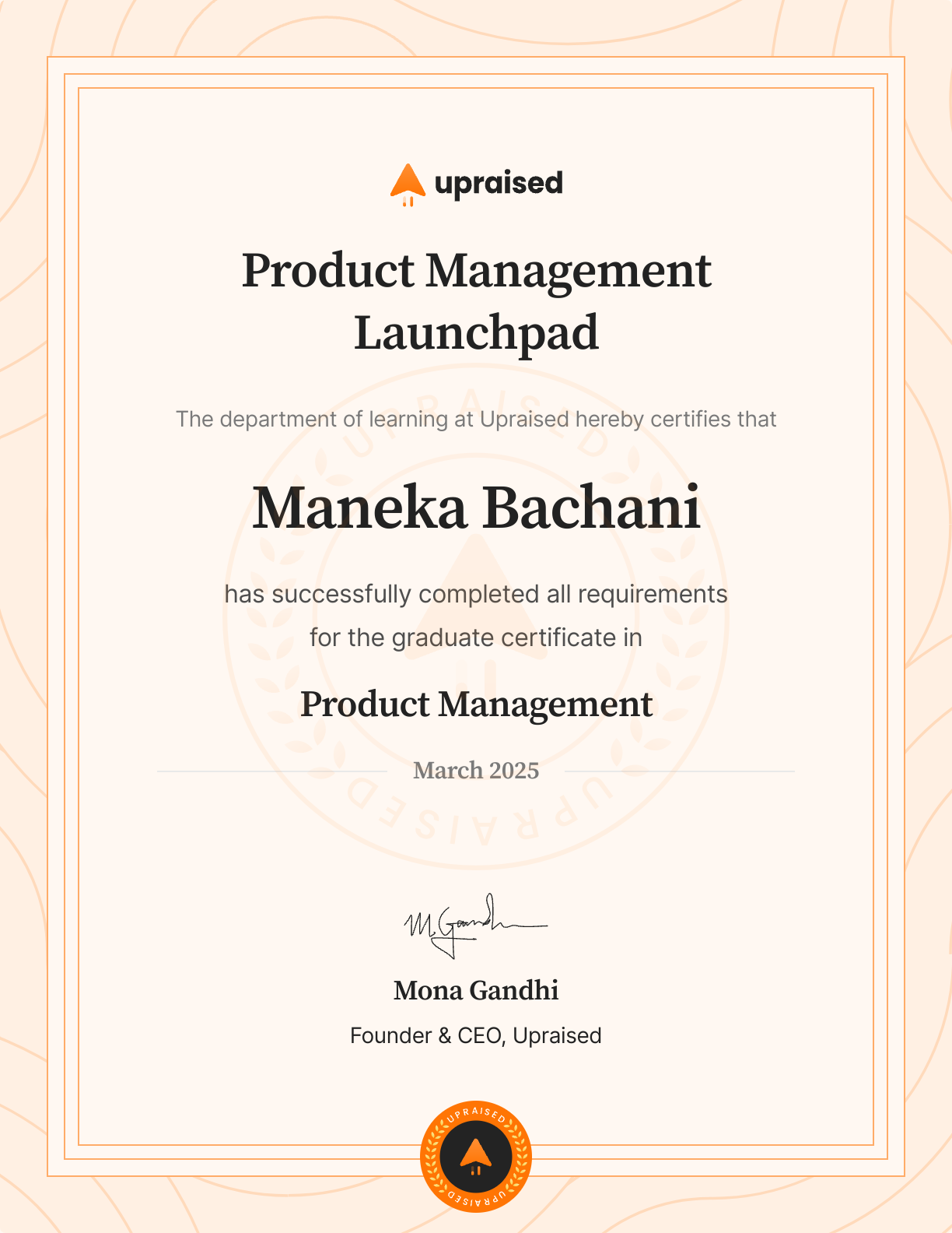 Certificate of Completion of course: Upraised Product Management Launchpad - Core