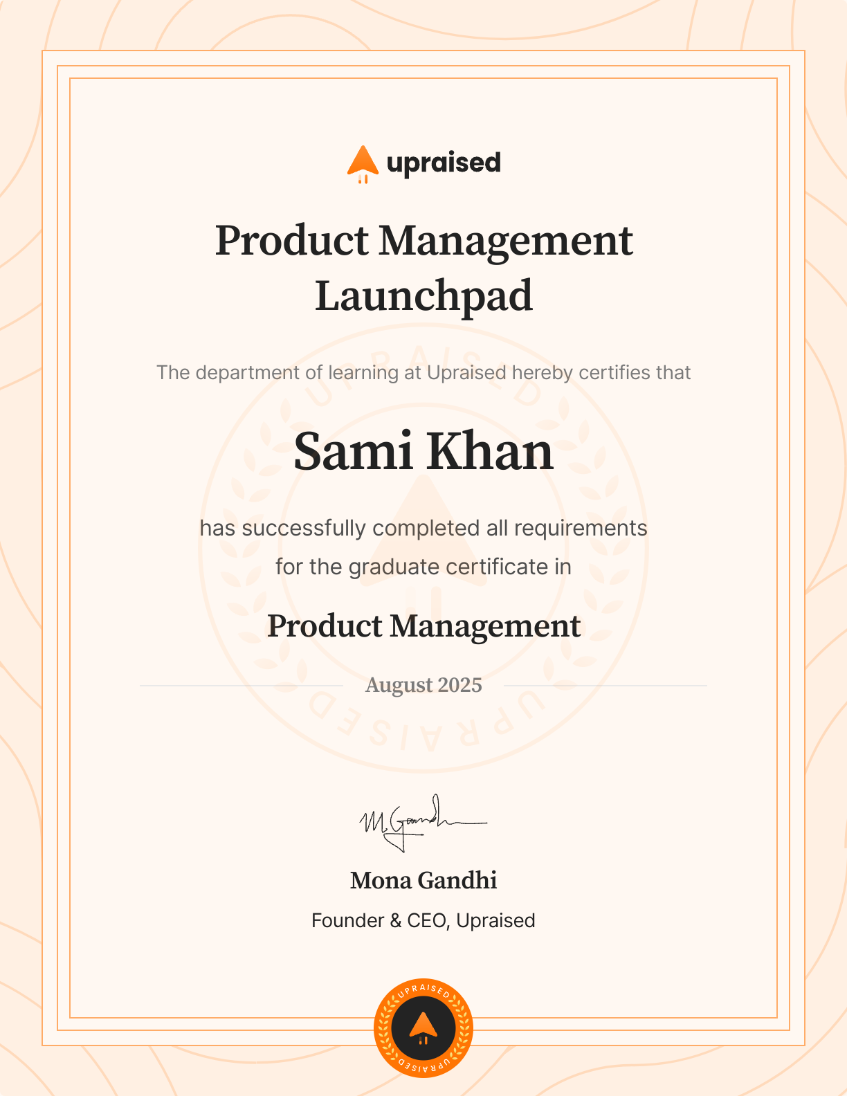 Certificate of Completion of course: Upraised Product Management Launchpad - Core