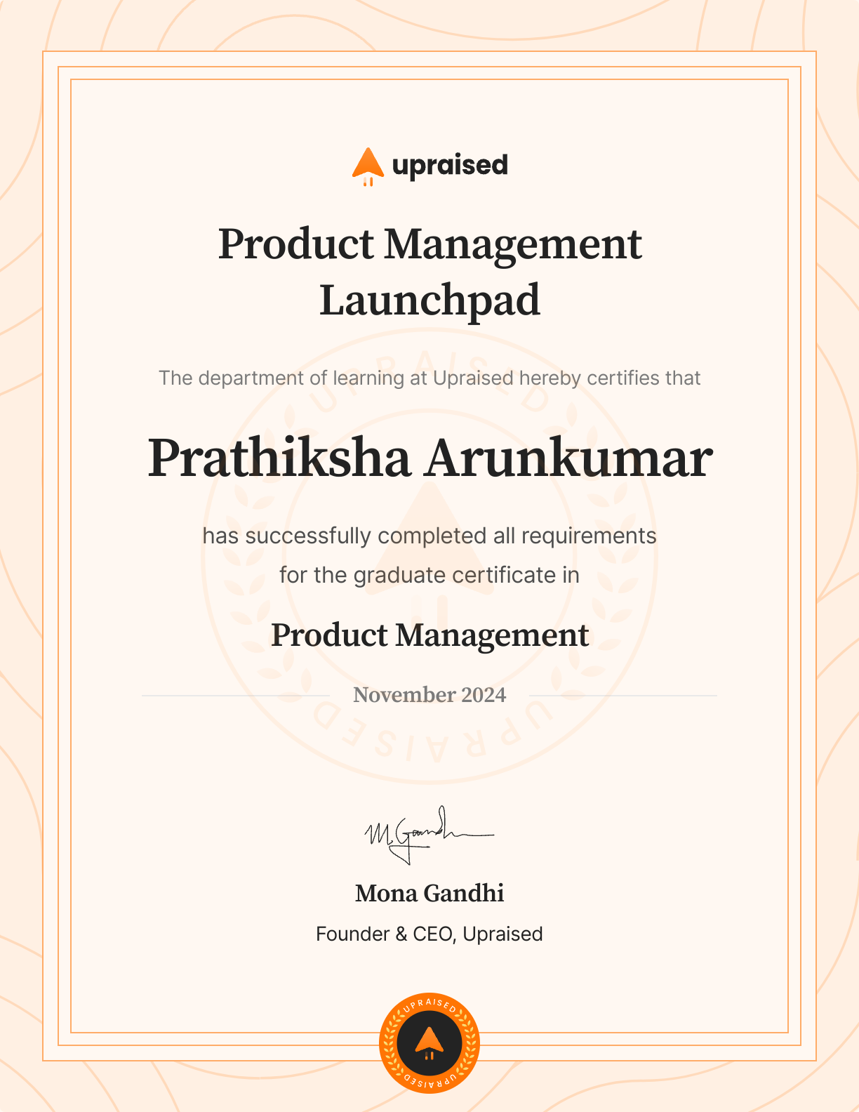 Certificate of Completion of course: Upraised Product Management Launchpad - Core