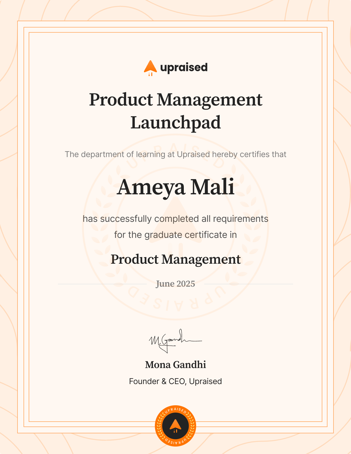 Certificate of Completion of course: Upraised Product Management Launchpad - Core