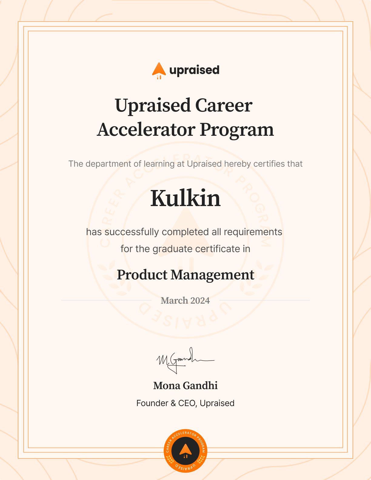 Certificate of Completion of course: Upraised Career Accelerator Program - Comprehensive Learning