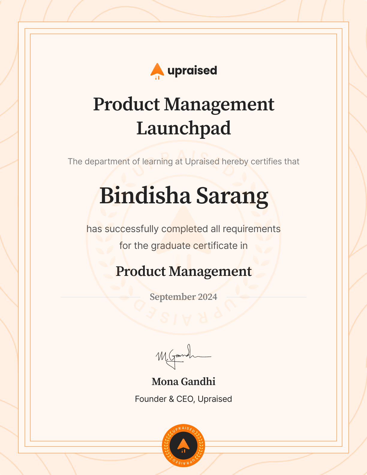 Certificate of Completion of course: Upraised Product Management Launchpad - Core
