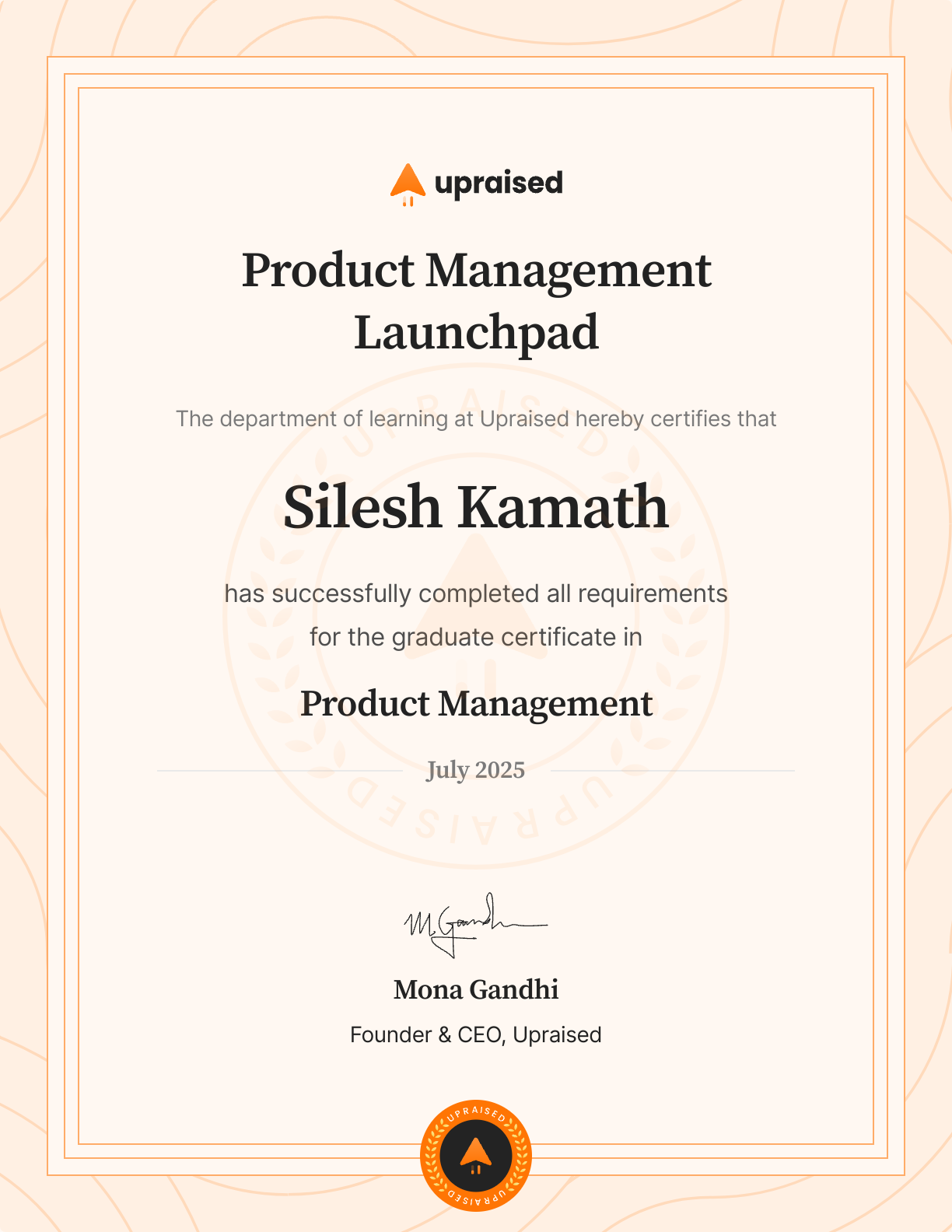 Certificate of Completion of course: Upraised Product Management Launchpad - Core