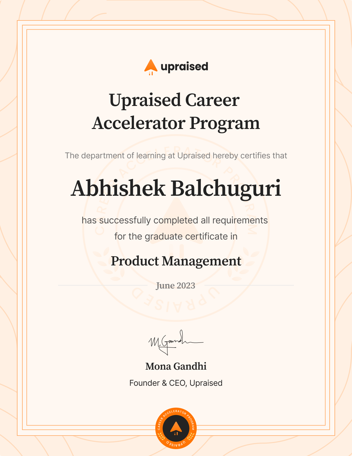 Certificate of Completion of course: Upraised Career Accelerator Program