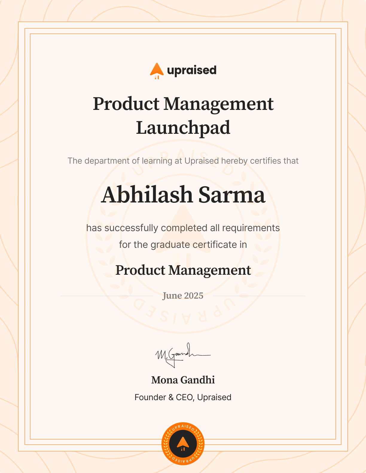 Certificate of Completion of course: Upraised Product Management Launchpad - Core