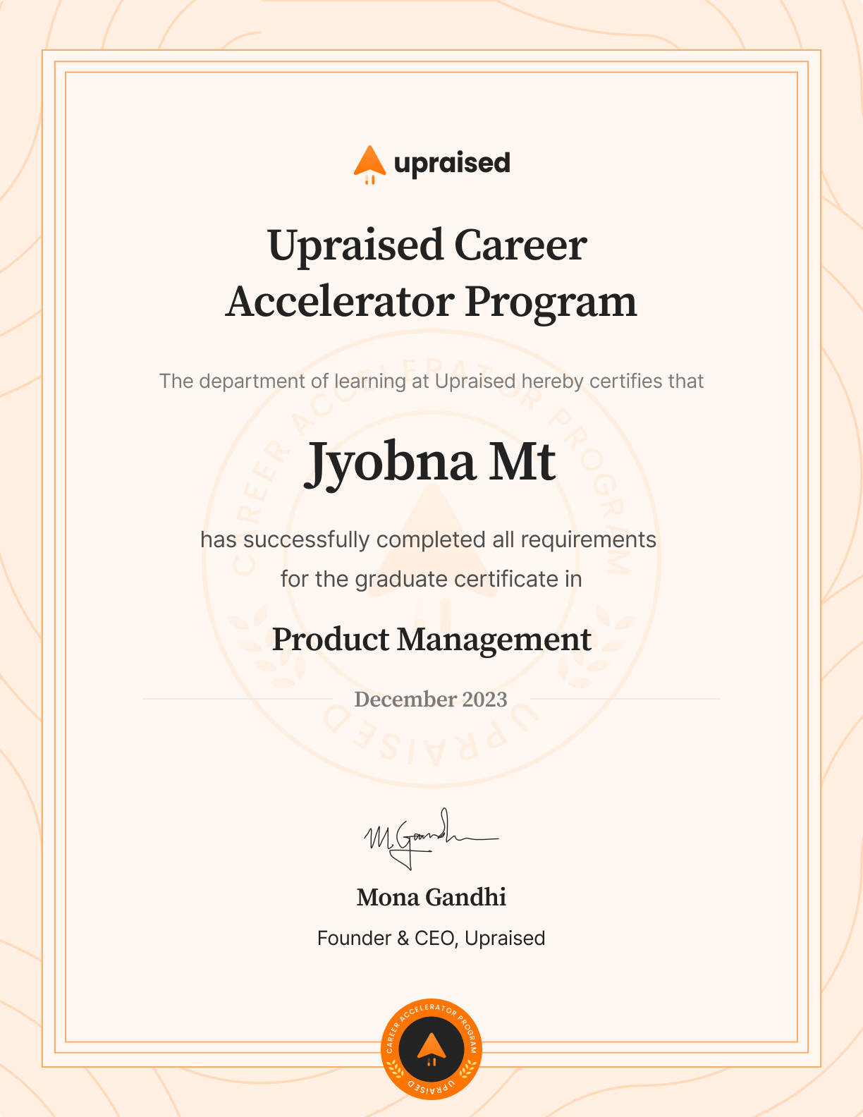 Certificate of Completion of course: Upraised Career Accelerator Program - Comprehensive Learning