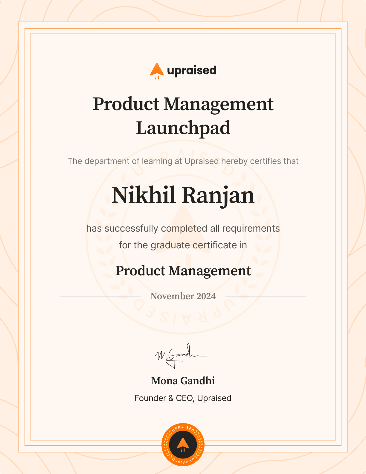 Certificate of Completion of course: Upraised Product Management Launchpad - Core