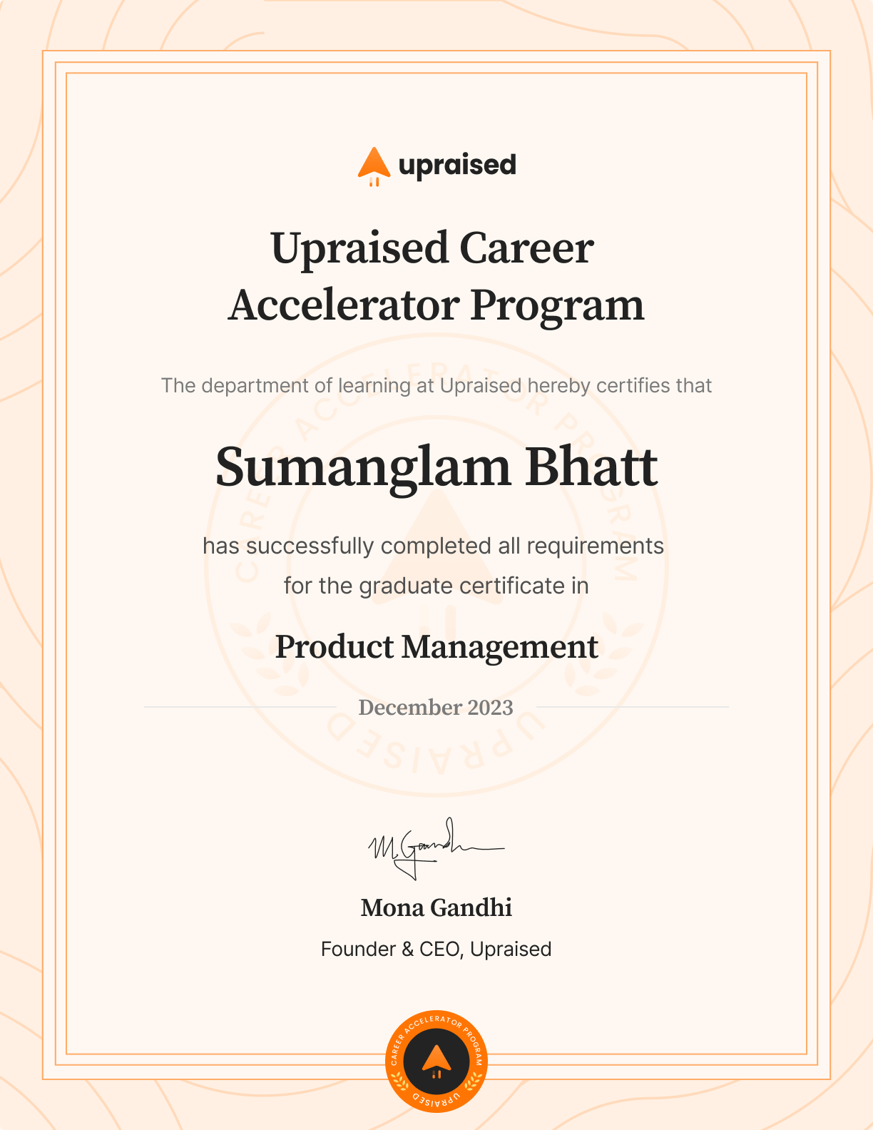 Certificate of Completion of course: Upraised Career Accelerator Program - Comprehensive Learning