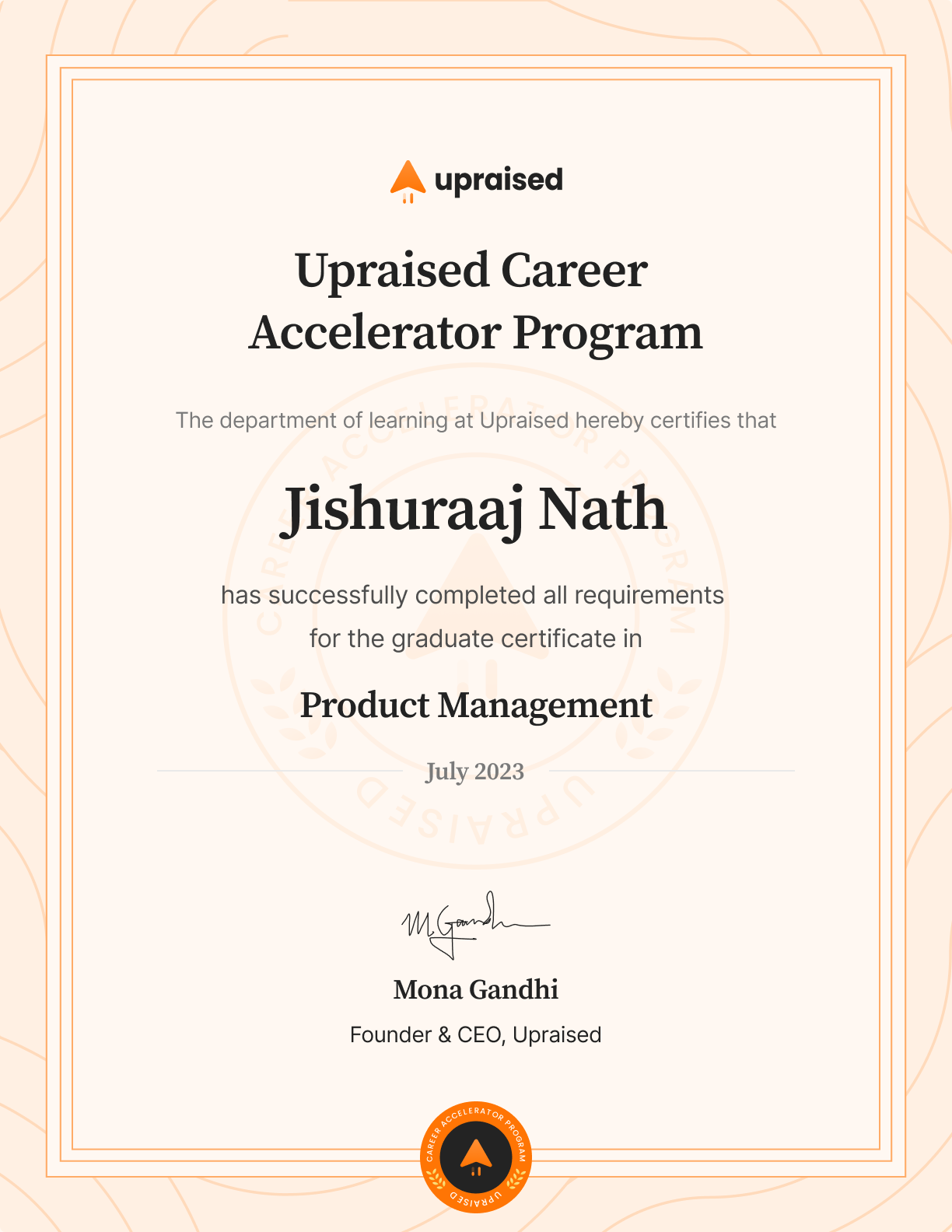 Certificate of Completion of course: Upraised Career Accelerator Program