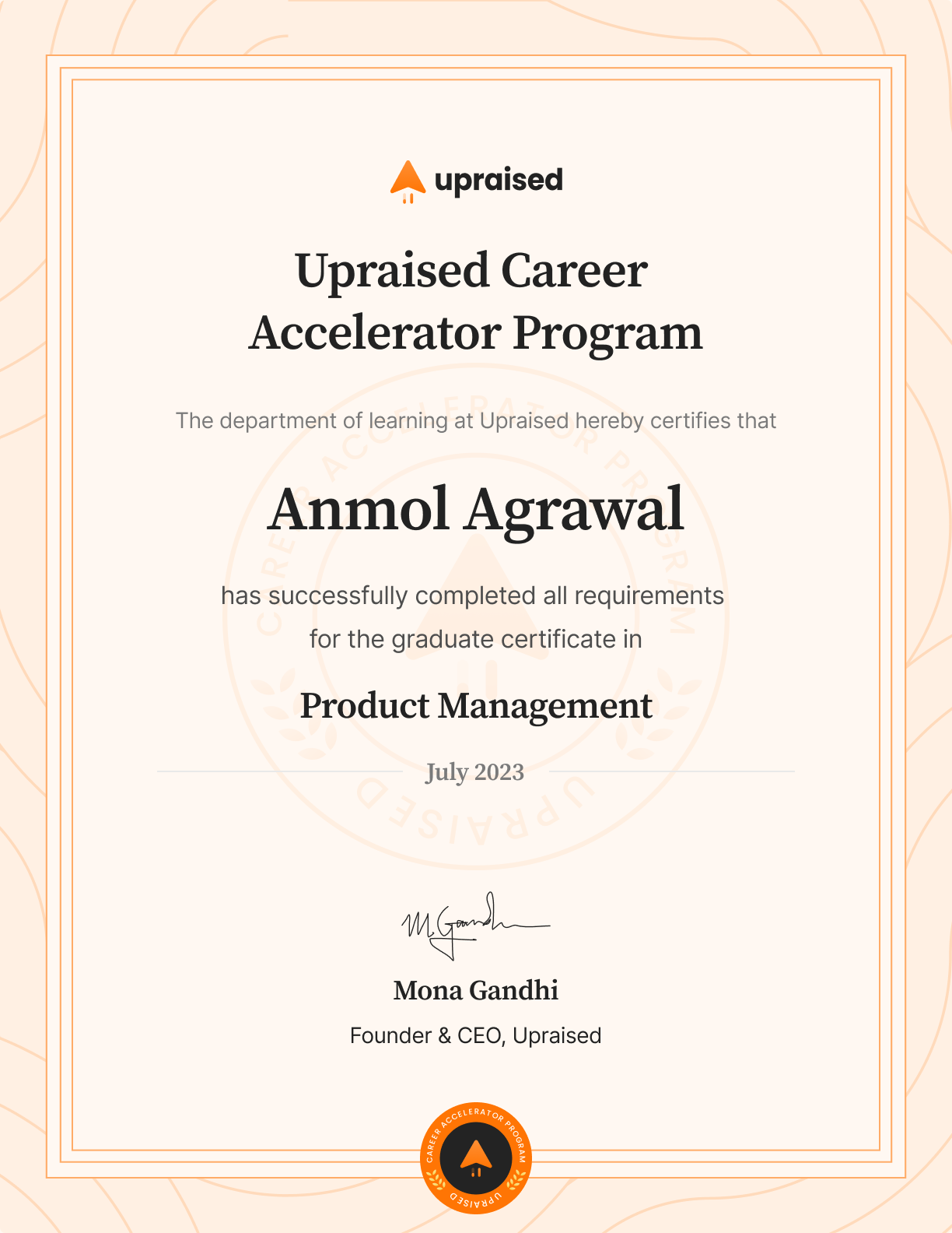 Certificate of Completion of course: Upraised Career Accelerator Program
