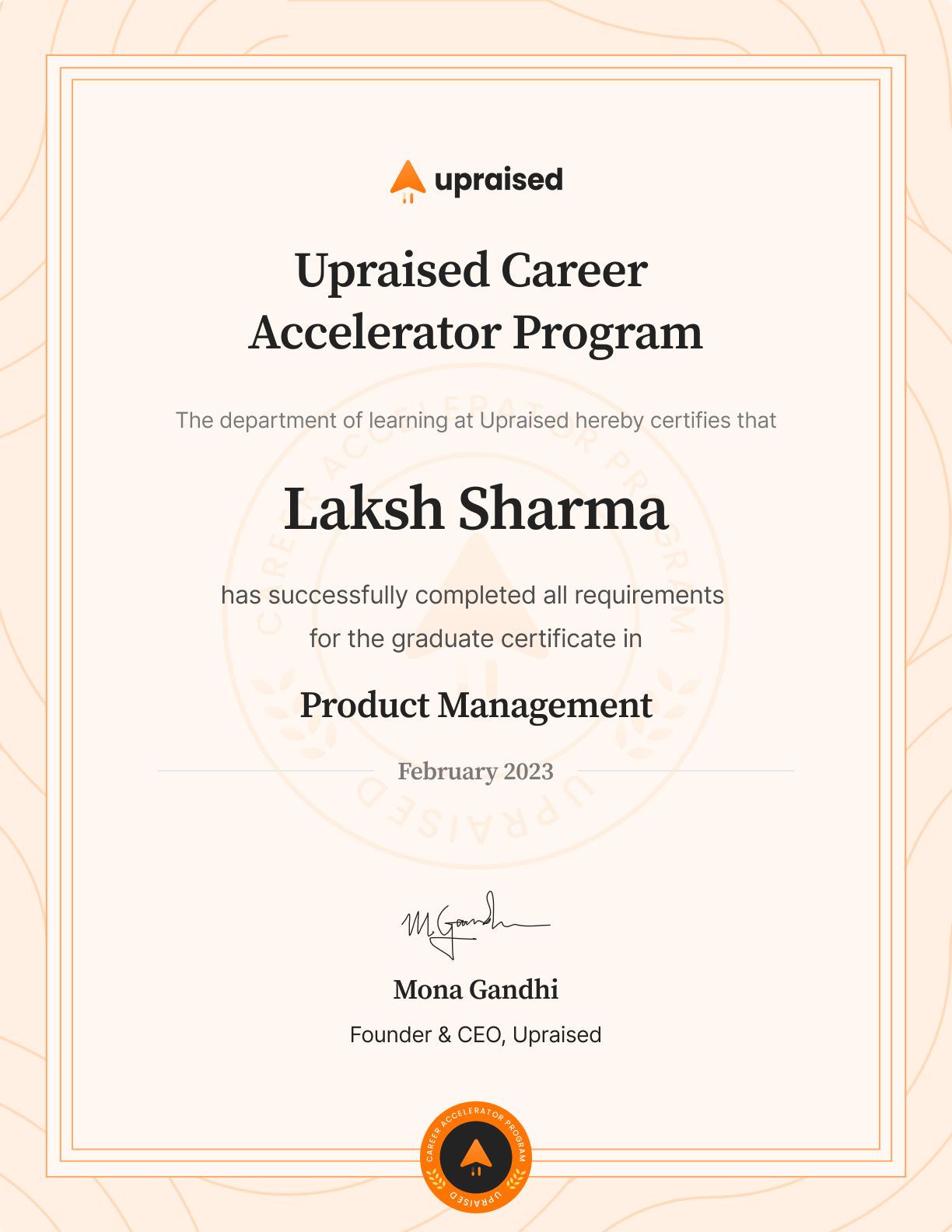 Certificate of Completion of course: Upraised Career Accelerator Program