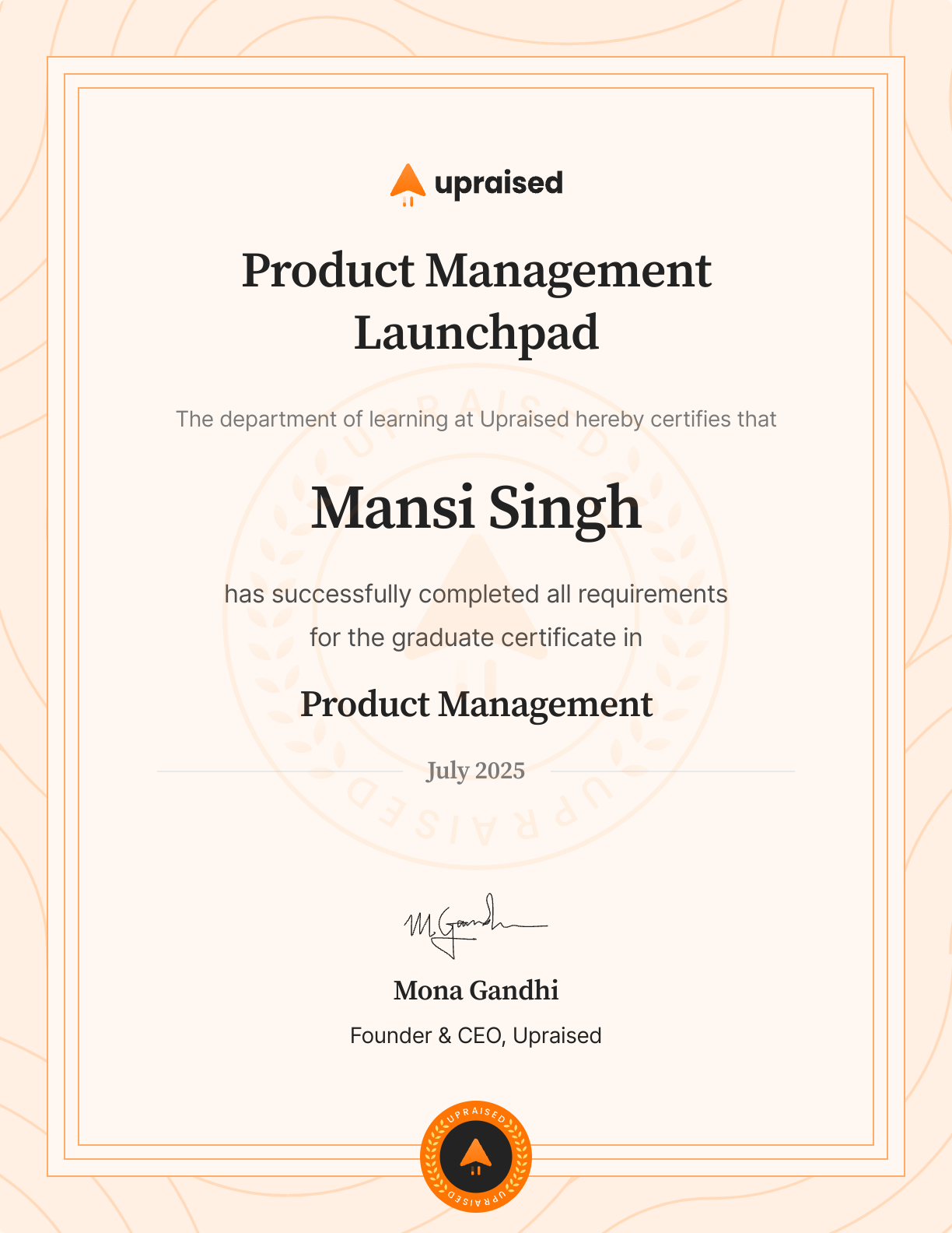 Certificate of Completion of course: Upraised Product Management Launchpad - Core