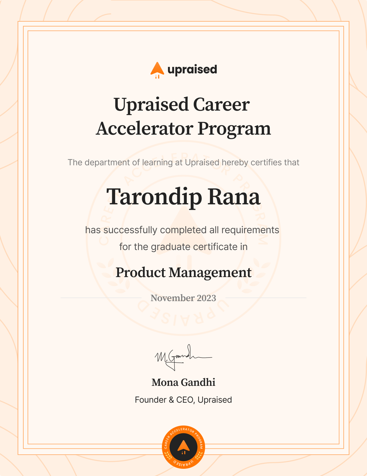 Certificate of Completion of course: Upraised Career Accelerator Program