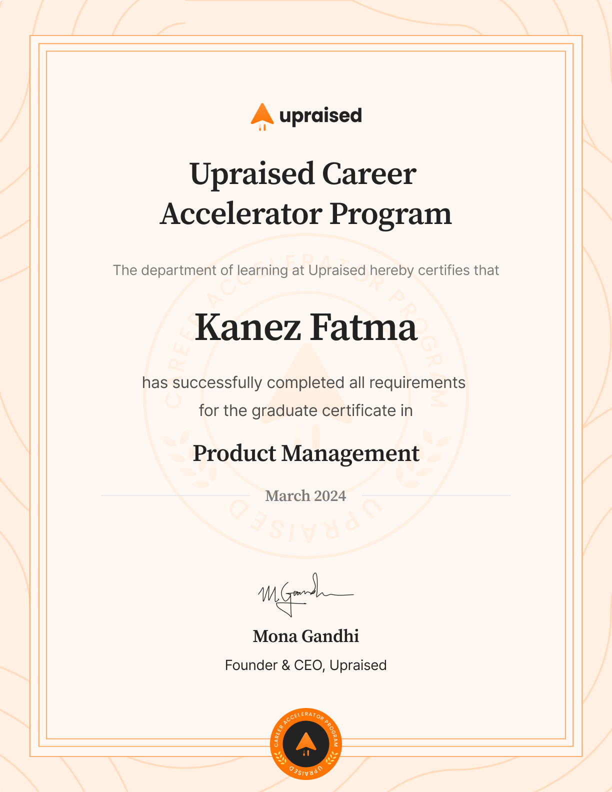 Certificate of Completion of course: Upraised Career Accelerator Program - Comprehensive Learning