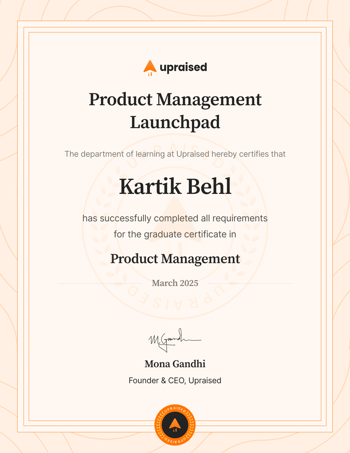 Certificate of Completion of course: Upraised Product Management Launchpad - Core