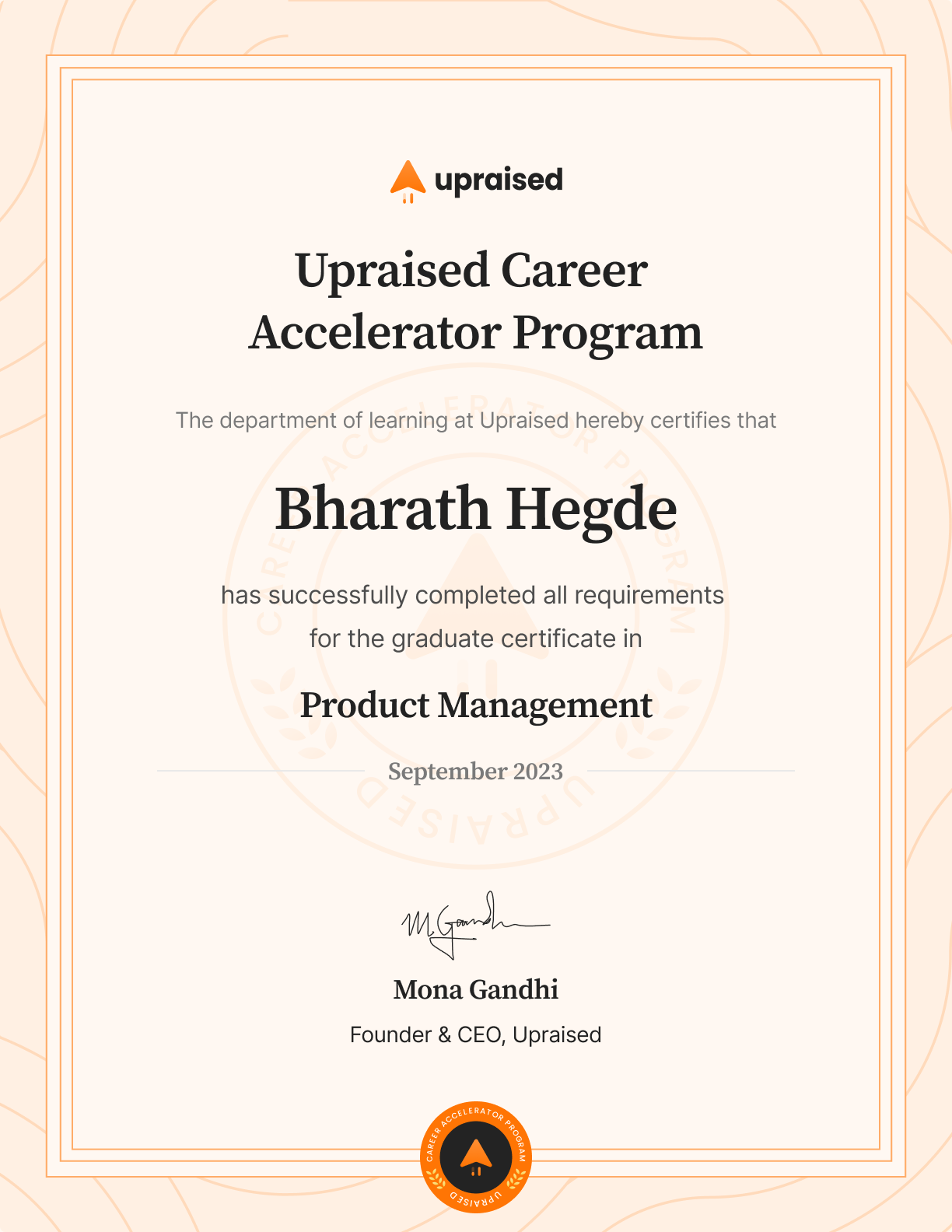 Certificate of Completion of course: Upraised Career Accelerator Program - Comprehensive Learning
