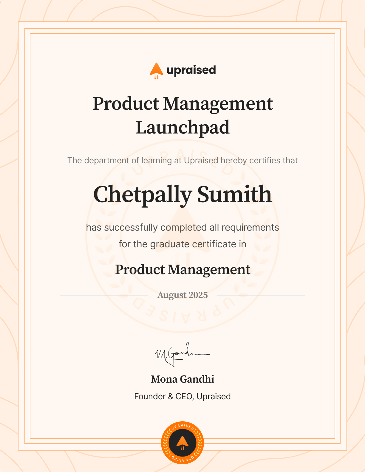 Certificate of Completion of course: Upraised Product Management Launchpad - Core